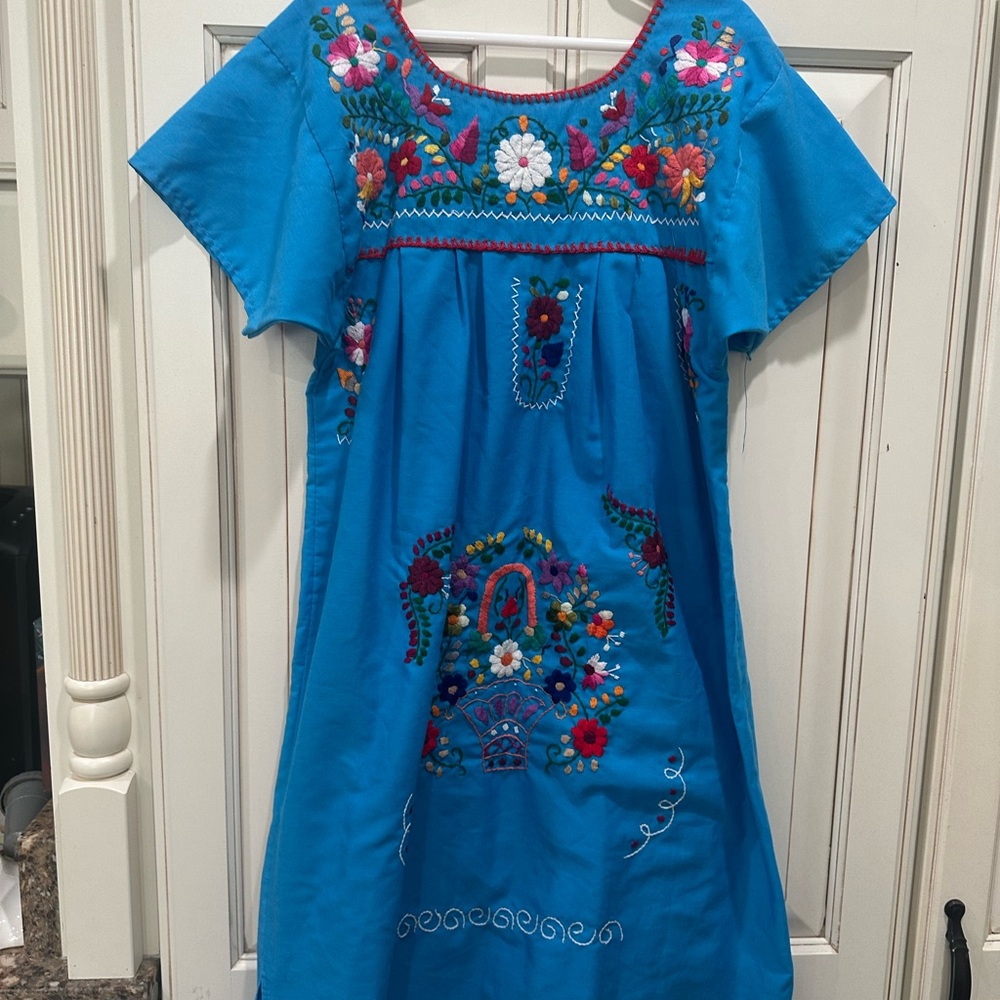 Vibrant Blue Floral Embroidered Kids Dress